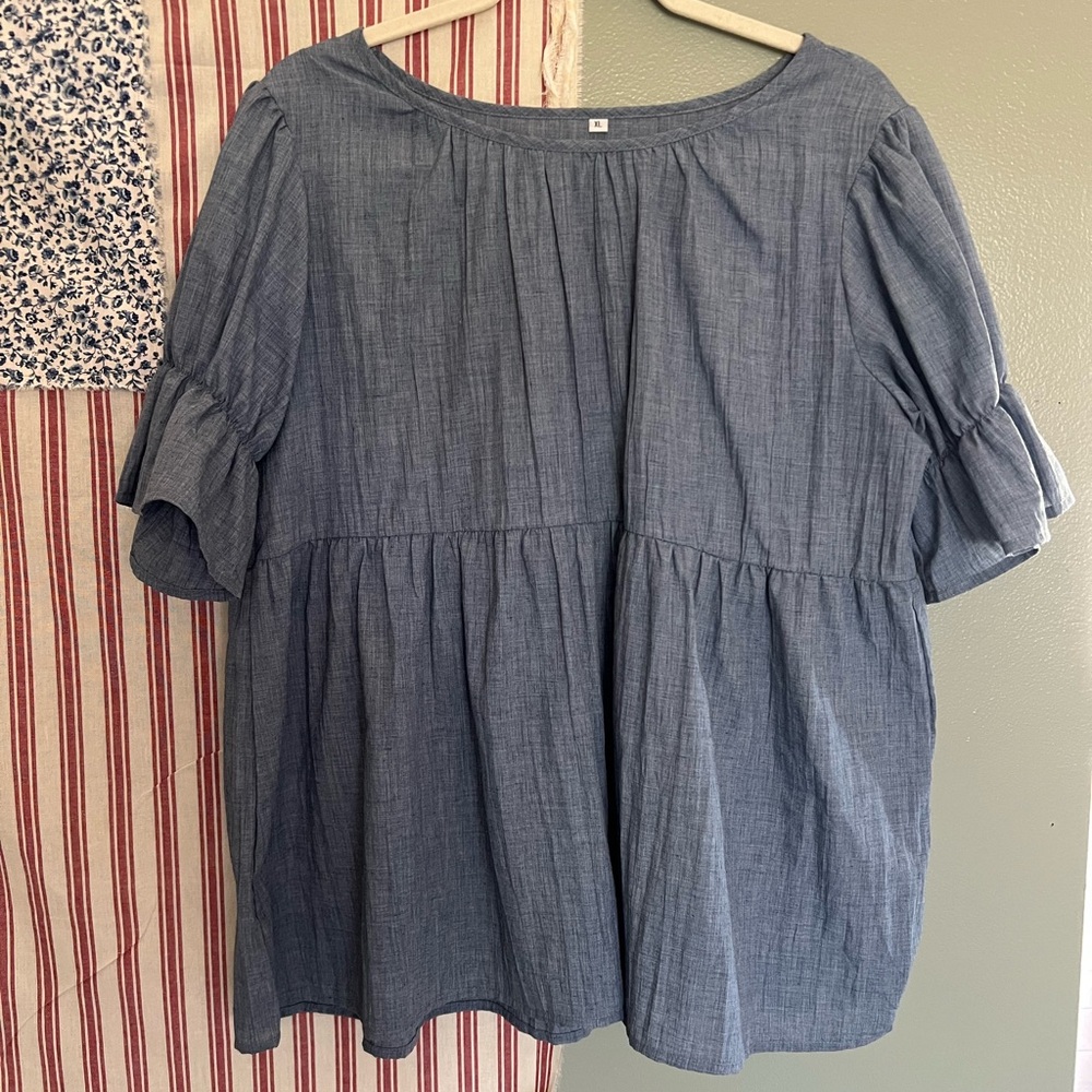 Blue ruffle sleeve blouse